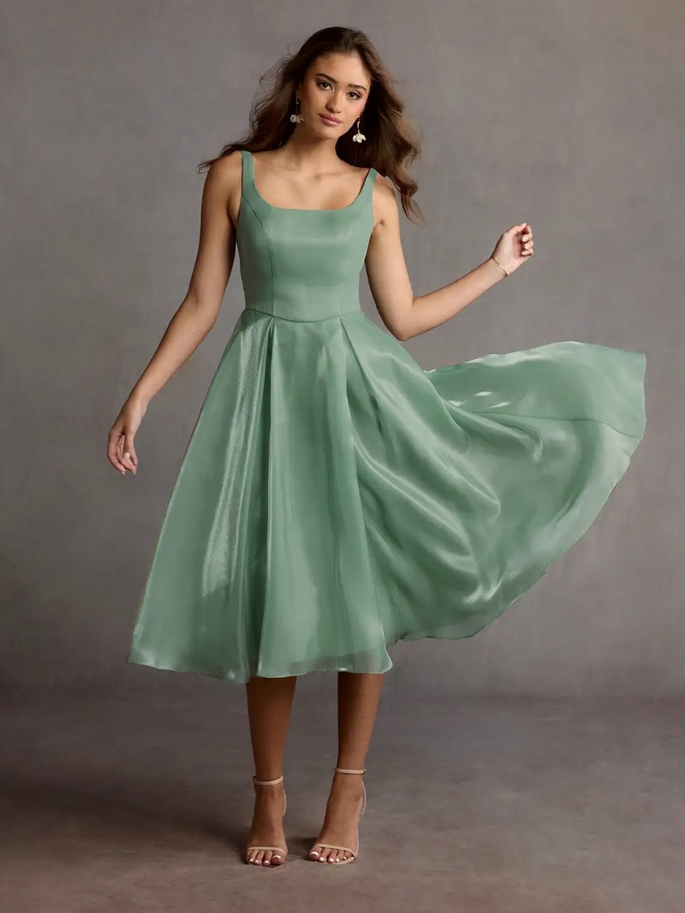 Azazie Stefanie Sage Green Square-Neck Midi Dress